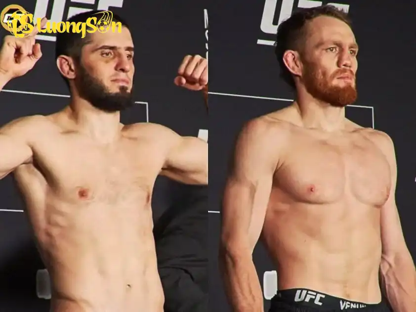 Islam Makhachev (trái) và Jack Della Maddalena (phải) ở buổi cân chính thức UFC 322 Islam Makhachev (trái) và Jack Della Maddalena (phải) ở buổi cân chính thức UFC 322